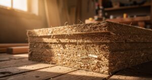 Panneaux d'isolation en fibre de bois empilés dans un atelier