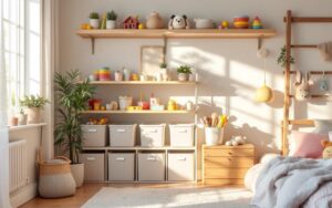 Chambre d’enfant lumineuse avec étagères, bacs de rangement et un coffre en bois, ambiance douce et accueillante.