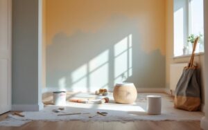 Chambre d’enfant en rénovation avec murs repeints, sol neuf et outils de bricolage rangés, éclairage lumineux et ambiance rassurante.
