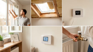 Intérieur lumineux d’une maison moderne montrant des actions pour améliorer le confort thermique : aération par une fenêtre, réglage d’un thermostat et inspection du chauffage.