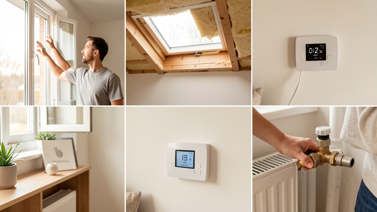 Intérieur lumineux d’une maison moderne montrant des actions pour améliorer le confort thermique : aération par une fenêtre, réglage d’un thermostat et inspection du chauffage.