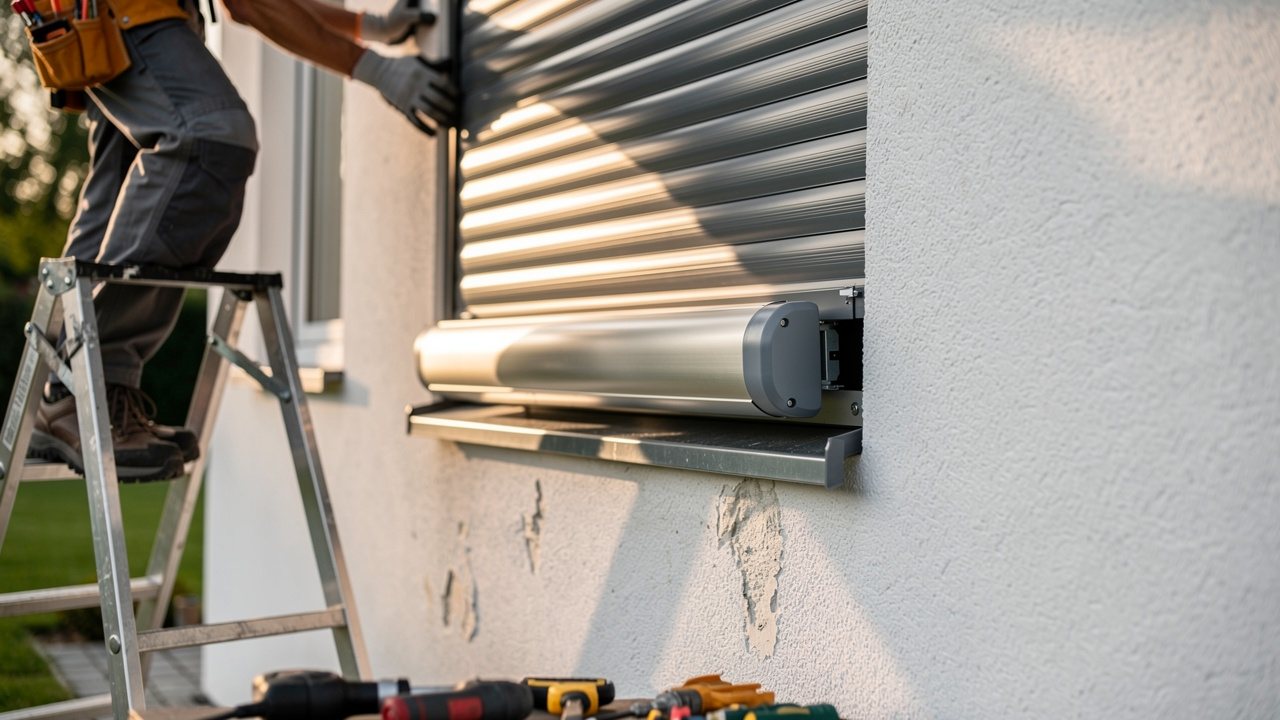 Installation d’un volet roulant en aluminium motorisé sur la façade d’une maison, réalisée par un artisan qui ajuste le mécanisme.