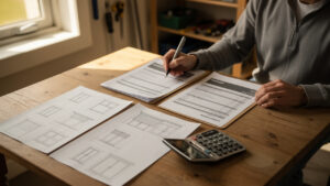 Un propriétaire compare deux devis de volets roulants sur une table, avec des plans de fenêtres, une calculatrice et des documents.
