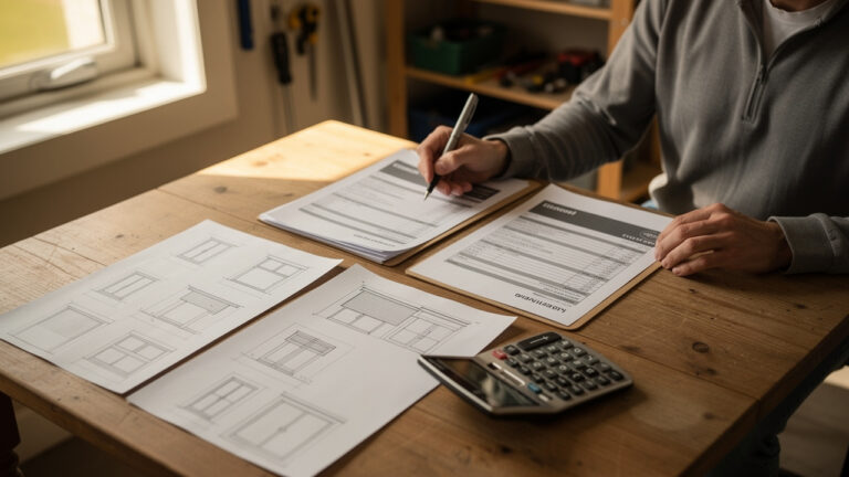 Un propriétaire compare deux devis de volets roulants sur une table, avec des plans de fenêtres, une calculatrice et des documents.