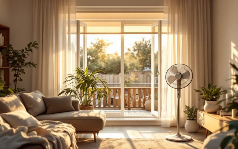 Salon lumineux d’été avec volets entrouverts, ventilateur qui brasse doucement l’air, store extérieur partiellement baissé et ambiance de rénovation thermique.