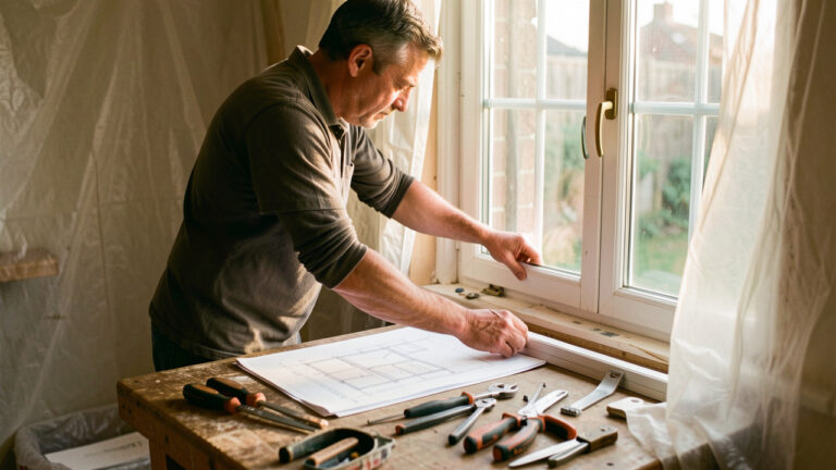 Un artisan prépare un chantier de rénovation de fenêtres dans une maison, avec des outils disposés et des plans dépliés sur une table de travail.