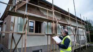 Façade de maison en rénovation : échafaudages, fenêtres et volets partiellement installés, et un artisan en gilet haute visibilité qui évalue les coûts du chantier avec un porte-documents.