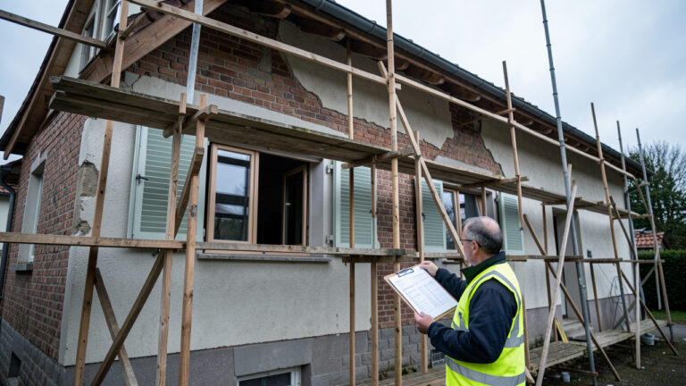 Façade de maison en rénovation : échafaudages, fenêtres et volets partiellement installés, et un artisan en gilet haute visibilité qui évalue les coûts du chantier avec un porte-documents.