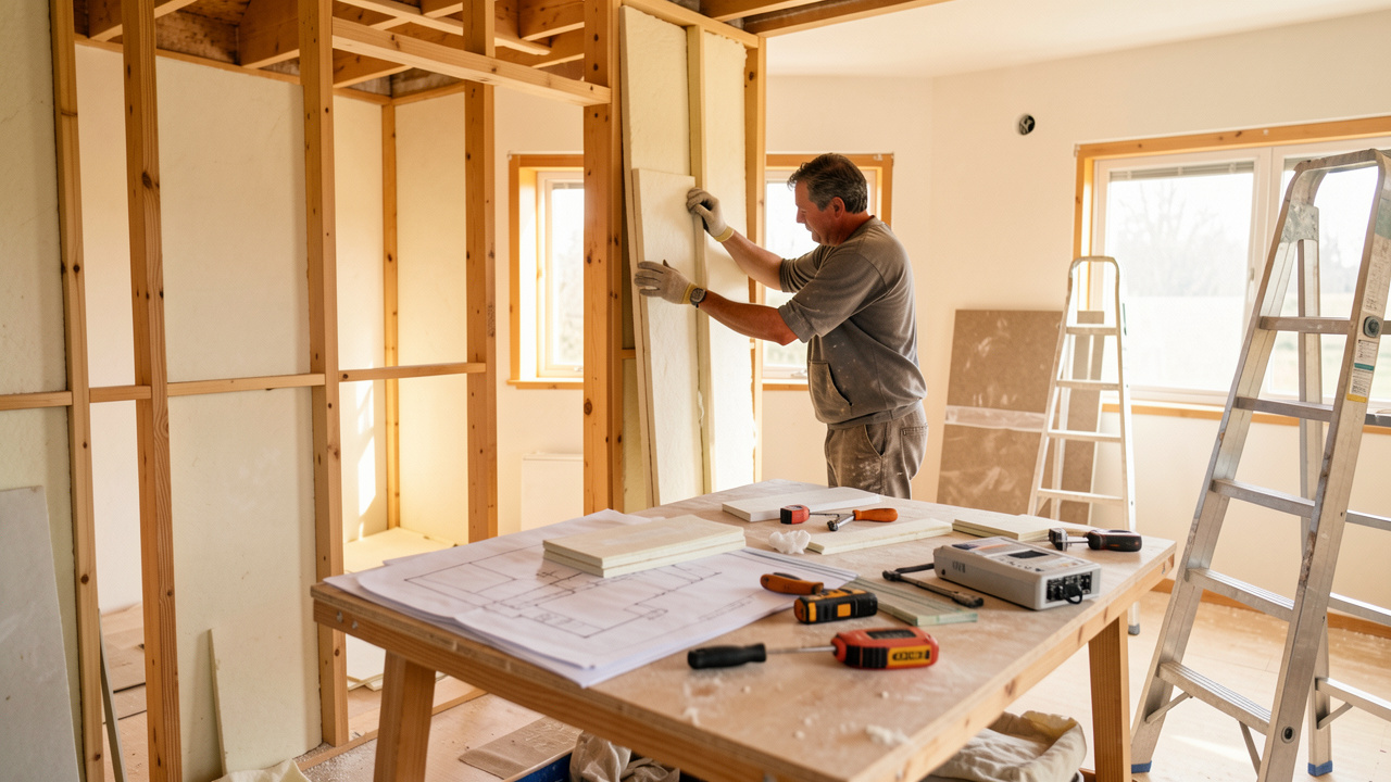 Intérieur d’une maison en rénovation : un artisan installe une isolation, des plans et des outils sont visibles sur une table de chantier, avec des éléments liés au confort thermique.