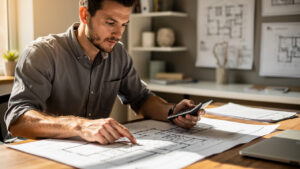 Un homme propriétaire examine un devis de climatisation sur une table, avec des plans de maison et une calculatrice, dans un bureau à la lumière naturelle.