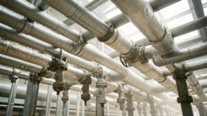 Réseau de tuyaux techniques sur un chantier, avec colliers, vannes et isolation thermique, éclairage d’atelier industriel réaliste et détails visibles.