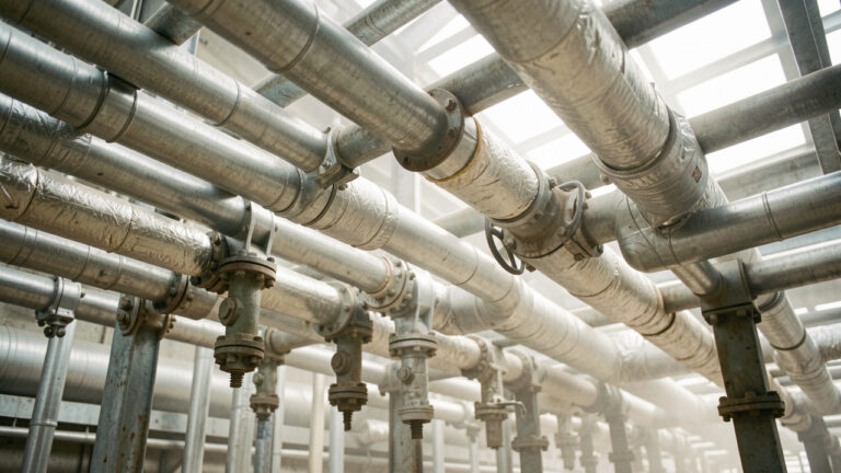 Réseau de tuyaux techniques sur un chantier, avec colliers, vannes et isolation thermique, éclairage d’atelier industriel réaliste et détails visibles.