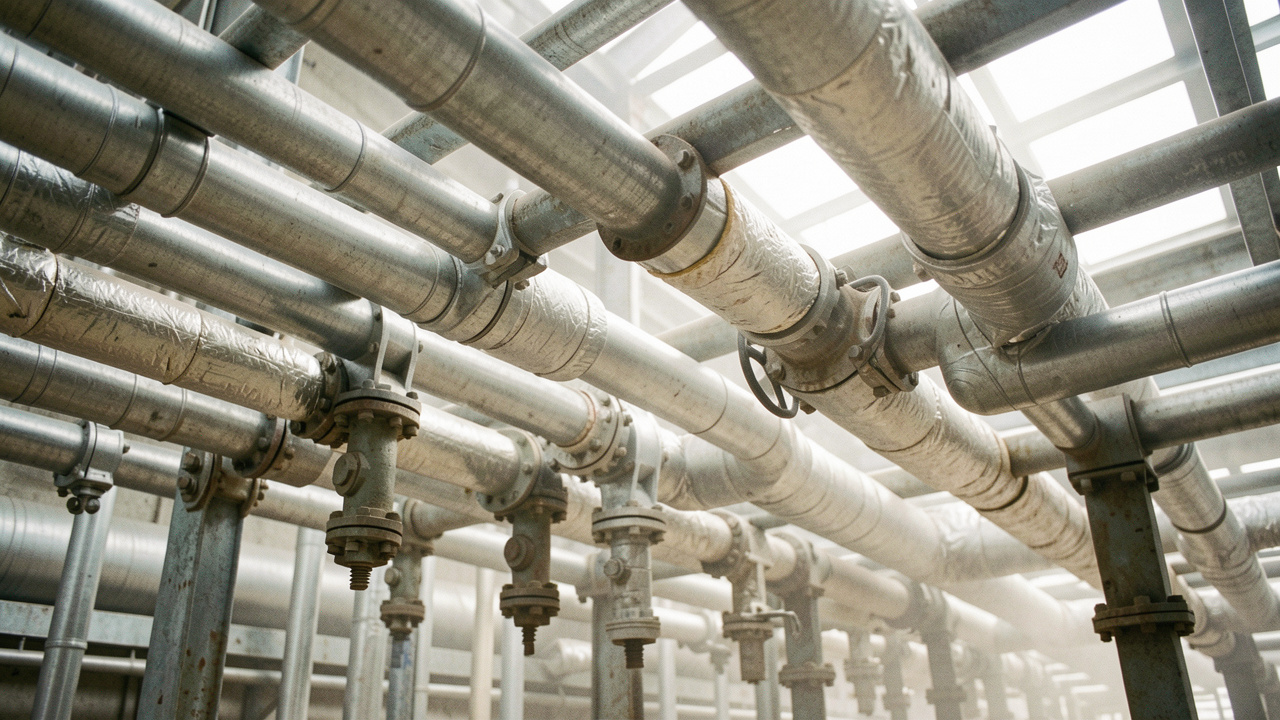 Réseau de tuyaux techniques sur un chantier, avec colliers, vannes et isolation thermique, éclairage d’atelier industriel réaliste et détails visibles.