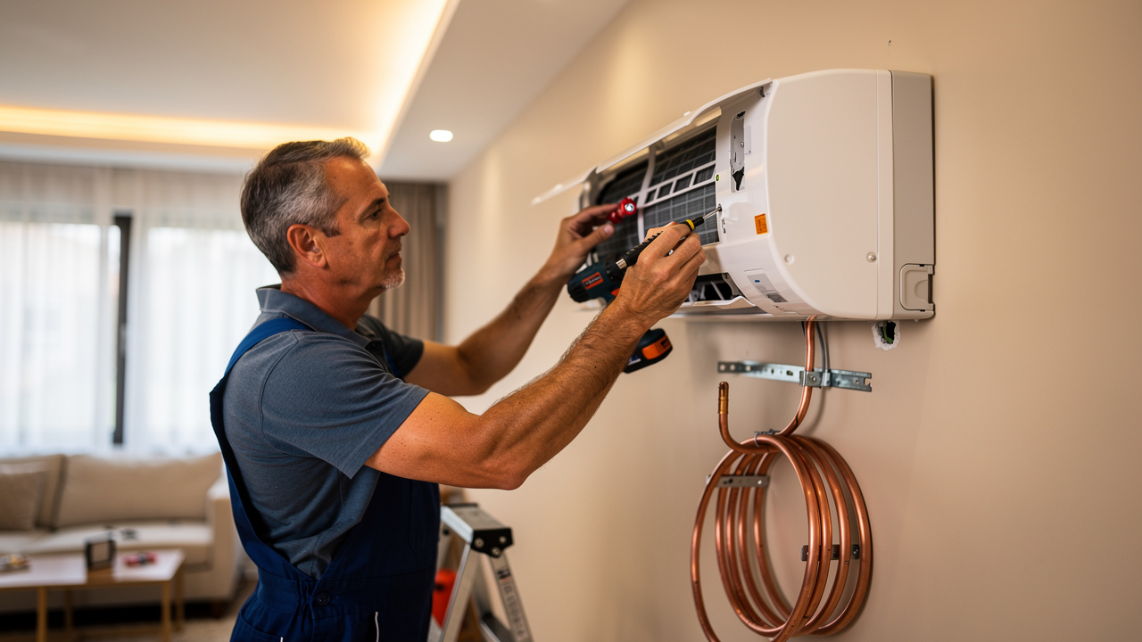 Un technicien installe une climatisation split murale à l’intérieur d’une maison individuelle, en fixant l’unité intérieure et en raccordant les tuyaux.