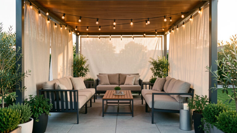 Terrasse couverte moderne et chaleureuse avec mobilier extérieur, protections latérales et éclairage doux par temps doux.