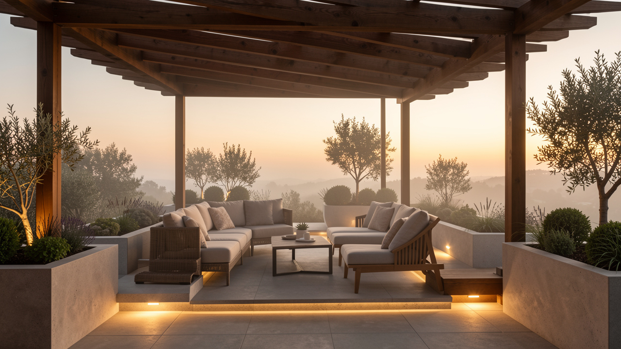 Terrasse moderne aménagée avec pergola et éclairage doux, mobilier confortable et ambiance extérieure chaleureuse en fin de journée.