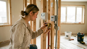 Artisane vérifiant un projet de chauffage dans une maison en rénovation, ambiance de chantier propre et outils bien rangés.