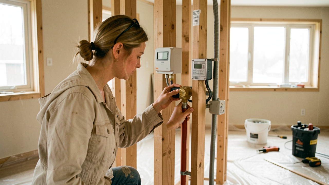 Artisane vérifiant un projet de chauffage dans une maison en rénovation, ambiance de chantier propre et outils bien rangés.