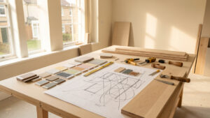 Chantier de rénovation intérieure lumineux avec plans architecturaux, échantillons de matériaux et outils soigneusement disposés sur une table de travail.
