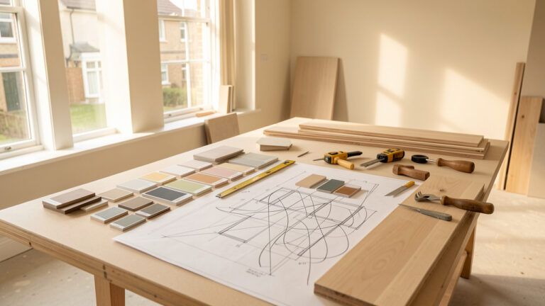 Chantier de rénovation intérieure lumineux avec plans architecturaux, échantillons de matériaux et outils soigneusement disposés sur une table de travail.