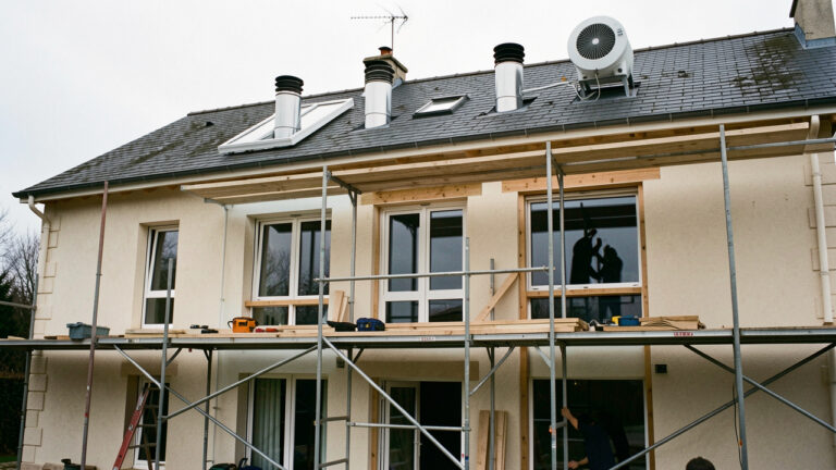 Maison en rénovation énergétique : pose de nouvelles fenêtres, isolation sur la façade et installation d’équipements techniques modernes, avec artisans sur l’échafaudage.
