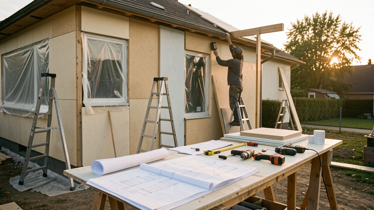 Maison en rénovation thermique : artisans installant l’isolation extérieure avec outils, échelles et plans de travaux sur un chantier, sous une lumière d’après-midi dorée.