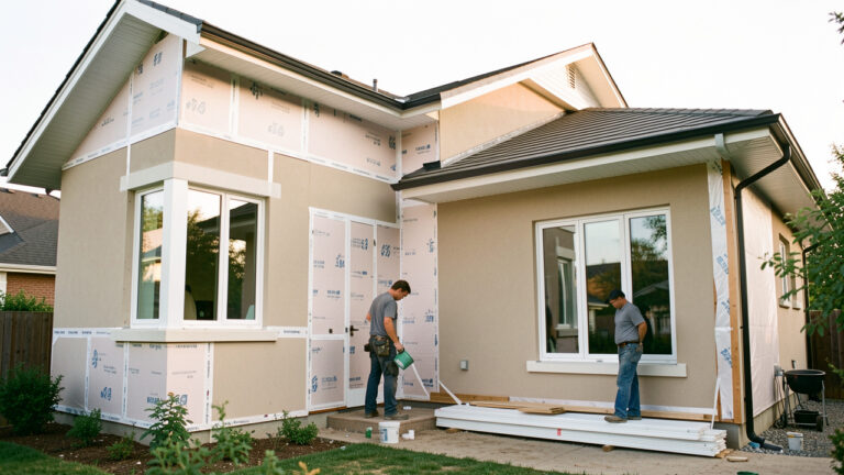 Maison rénovée avec isolation extérieure visible, fenêtres modernes et deux artisans travaillant dehors sous une lumière douce.