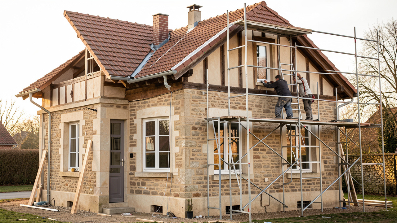 Maison vosgienne en rénovation à Épinal, avec deux artisans, un échafaudage, une toiture et des fenêtres modernisées dans une lumière naturelle.