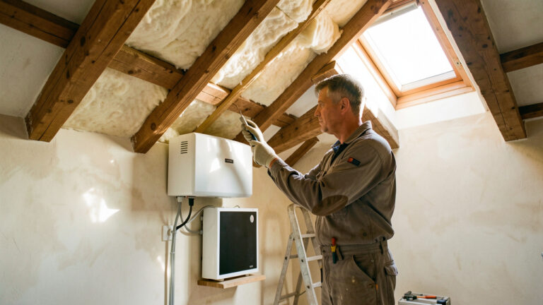 Maison charentaise rénovée à La Rochelle, avec un artisan vérifiant l’isolation des combles et les équipements énergétiques à la lumière naturelle.