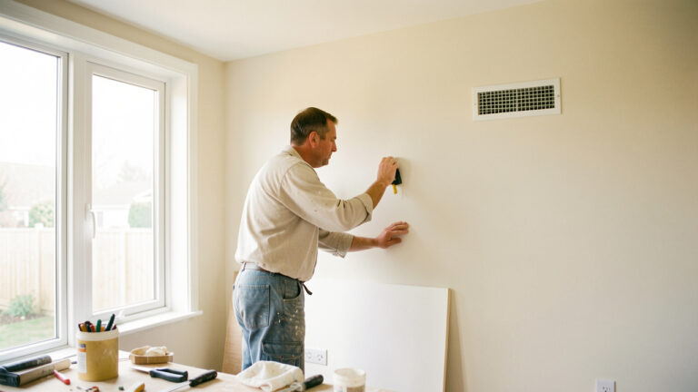 Intérieur lumineux d’une maison en rénovation, avec des murs propres et secs, une ventilation discrète et un artisan inspectant la pièce.