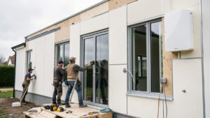 Maison en rénovation énergétique : artisans installent l’isolation et de nouvelles fenêtres, avec des équipements techniques modernes visibles sur la façade.