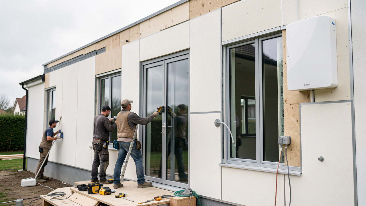Maison en rénovation énergétique : artisans installent l’isolation et de nouvelles fenêtres, avec des équipements techniques modernes visibles sur la façade.