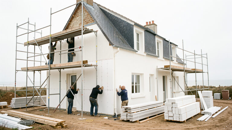 Maison à La Rochelle en rénovation énergétique : échafaudage, artisans qui posent une isolation propre sur une façade claire et chantier bien rangé.