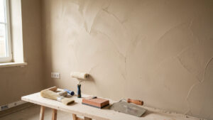 Mur intérieur en préparation avec enduit lissé, outils de bricolage disposés au sol et lumière naturelle douce.