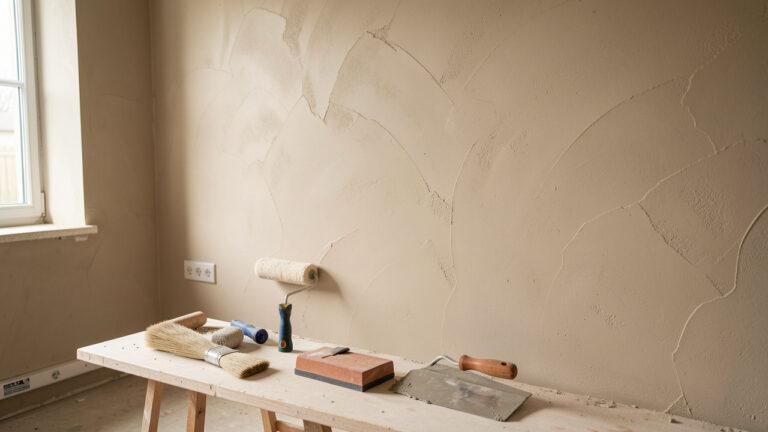 Mur intérieur en préparation avec enduit lissé, outils de bricolage disposés au sol et lumière naturelle douce.