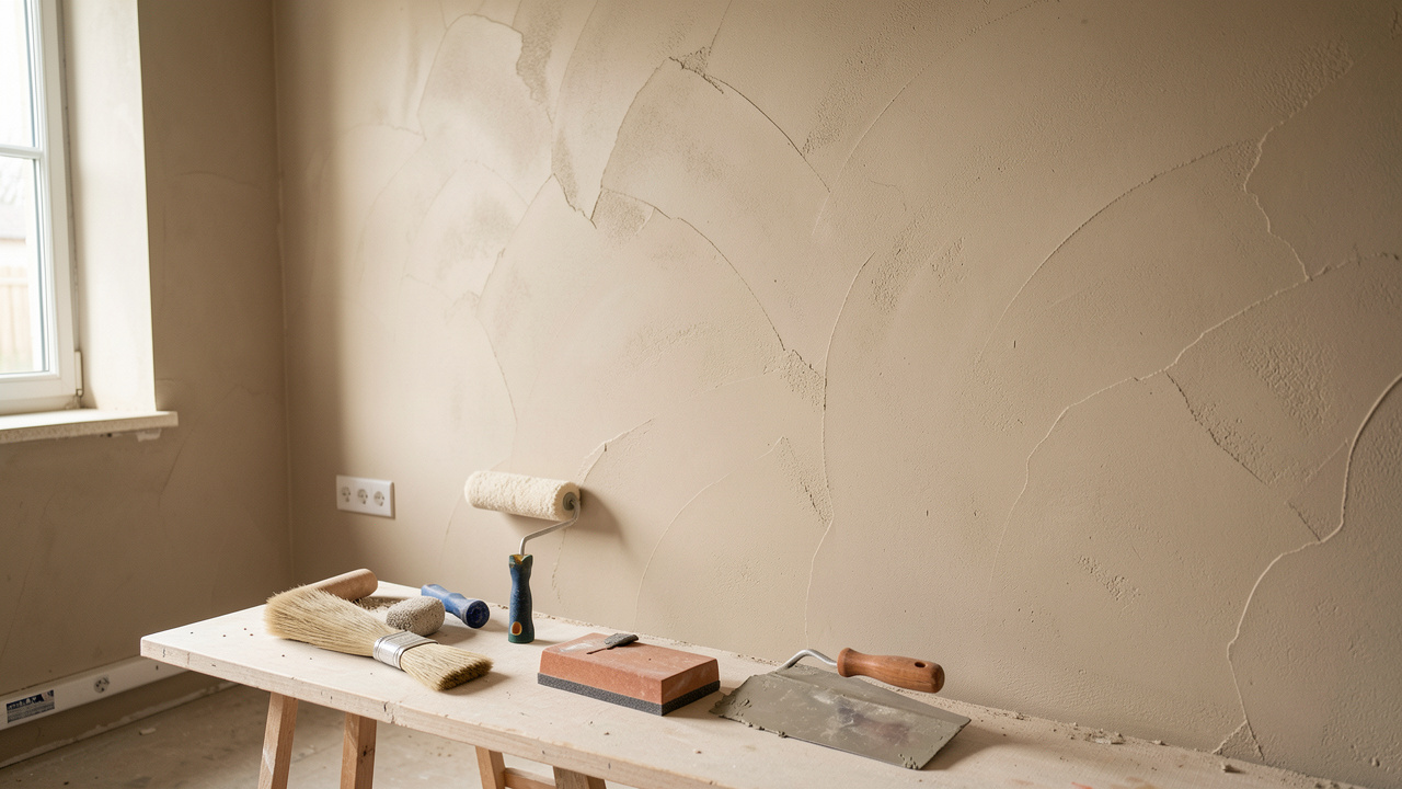 Mur intérieur en préparation avec enduit lissé, outils de bricolage disposés au sol et lumière naturelle douce.