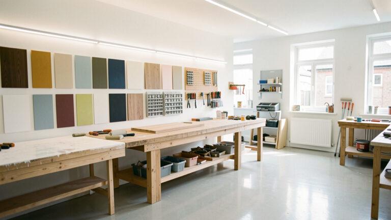 Atelier lumineux et moderne après rénovation : mur fraîchement refait, échantillons de revêtements rangés sur une table, outils et pinceaux visibles, éclairage LED doux et ambiance propre.