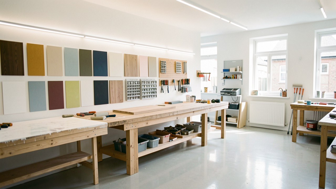 Atelier lumineux et moderne après rénovation : mur fraîchement refait, échantillons de revêtements rangés sur une table, outils et pinceaux visibles, éclairage LED doux et ambiance propre.