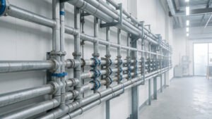 Réseau de tuyaux industriels métalliques soigneusement agencés dans un atelier propre, avec des valves et raccords alignés, éclairage doux et ambiance de chantier technique.