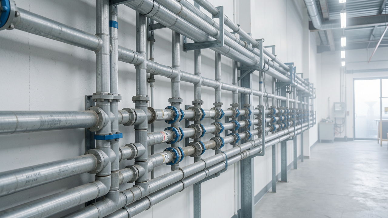 Réseau de tuyaux industriels métalliques soigneusement agencés dans un atelier propre, avec des valves et raccords alignés, éclairage doux et ambiance de chantier technique.