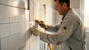Salle de bain en rénovation : un homme en tenue de travail pose soigneusement des carreaux de carrelage, avec des outils et des finitions soignées dans une ambiance lumineuse.