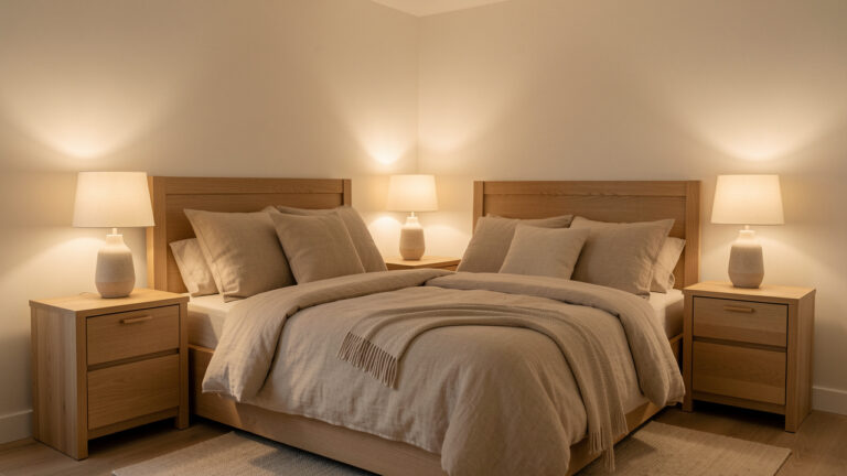Chambre chaleureuse avec mobilier en bois clair, linge de lit beige et éclairages doux créant une ambiance reposante.