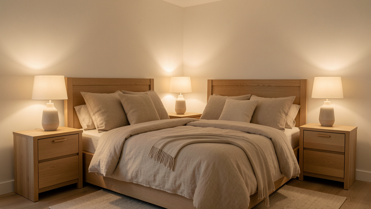 Chambre chaleureuse avec mobilier en bois clair, linge de lit beige et éclairages doux créant une ambiance reposante.