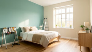 Chambre lumineuse en rénovation légère avec un mur bleu-vert, des outils de bricolage soigneusement disposés et une décoration contemporaine.