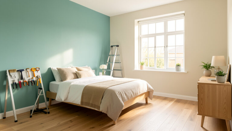 Chambre lumineuse en rénovation légère avec un mur bleu-vert, des outils de bricolage soigneusement disposés et une décoration contemporaine.