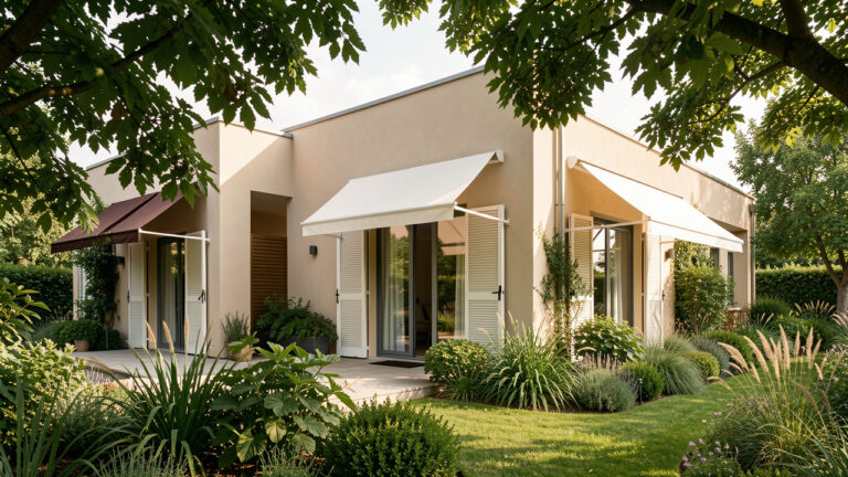 Maison contemporaine entourée de végétation luxuriante, protégée du soleil par des stores extérieurs, sous une douce lumière estivale.