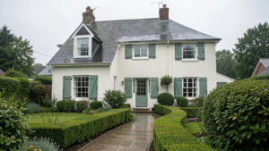 Maison individuelle bien entretenue sous une pluie légère, avec gouttières propres, volets fermés et jardin soigneusement aménagé.