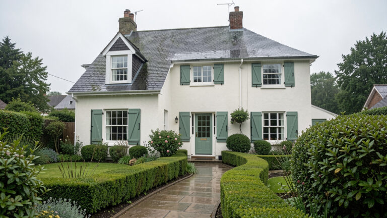 Maison individuelle bien entretenue sous une pluie légère, avec gouttières propres, volets fermés et jardin soigneusement aménagé.
