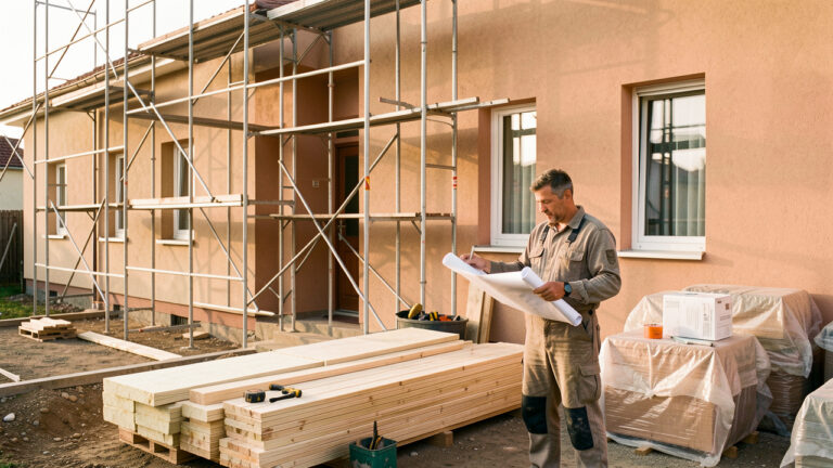 Maison en rénovation extérieure avec échafaudage, artisan en tenue de travail, plans roulés et matériaux soigneusement rangés.
