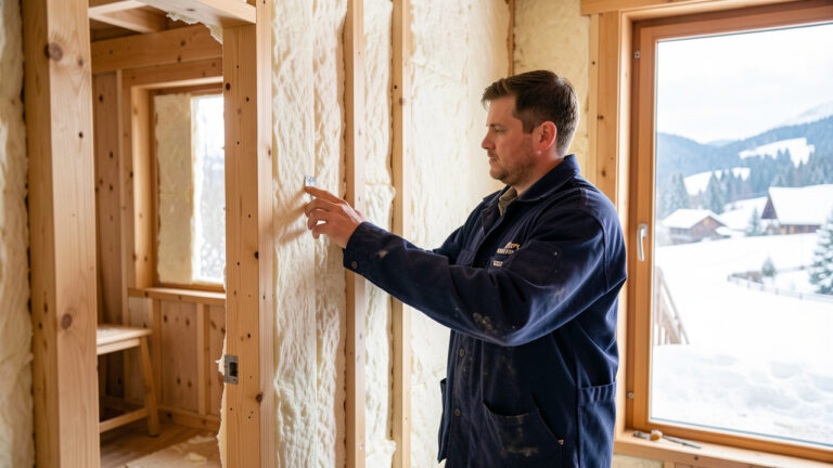 Maison familiale vosgienne rénovée en hiver, avec un artisan contrôlant l’isolation dans un intérieur lumineux et chaleureux.
